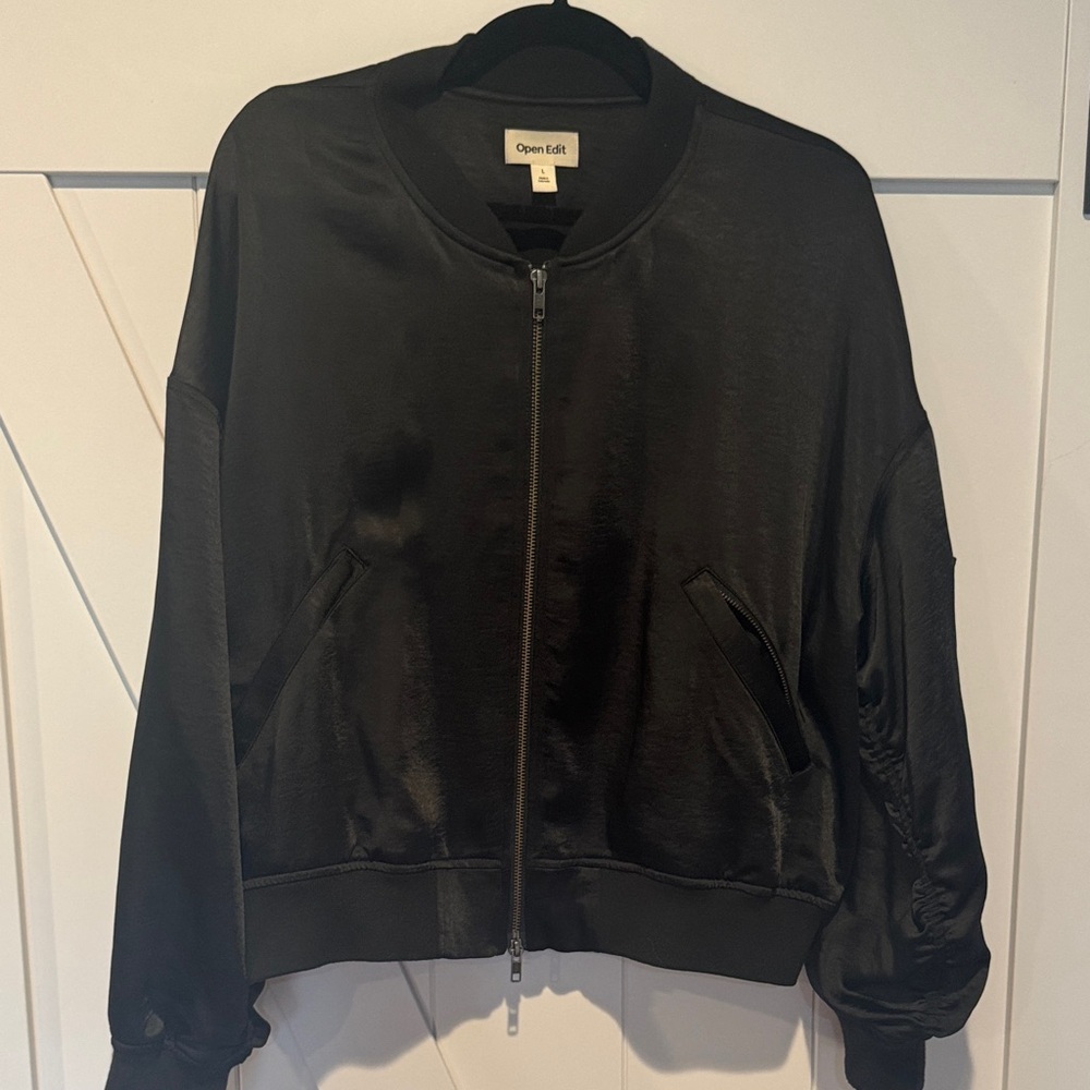 Open Edit Women's Satin Black Bomber Jacket